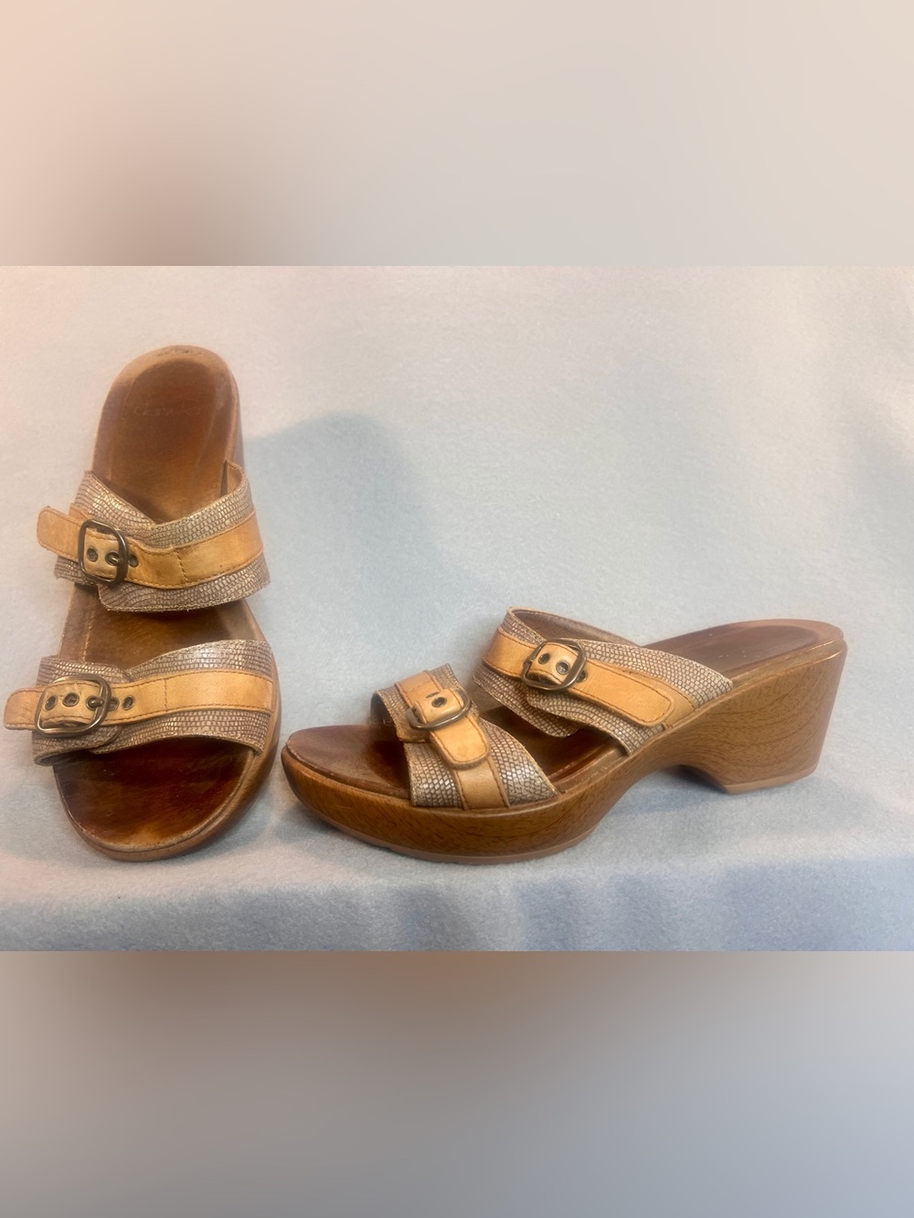 Dansko Jessie Sand Lizard Brown Leather Clog Wedge Sandals Comfort EU38 US8